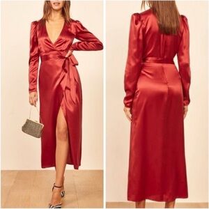 Reformation Toronto Dress Size 6 Silk Midi Red Faux Wrap Holiday Vamp Glam